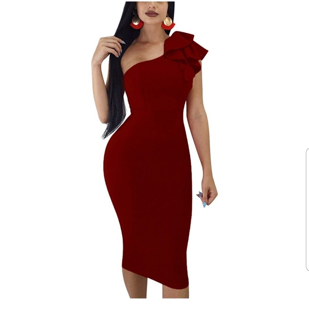 Wine one shoulder ruffle dress